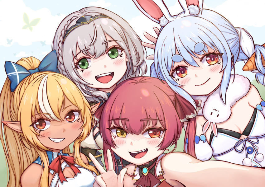 4girls :3 blonde_hair blue_eyes bow braid breasts butter_spoon carrot_hair_ornament cleavage cleavage_cutout clothing_cutout commentary_request don-chan_(usada_pekora) food-themed_hair_ornament green_eyes grey_hair grin hair_bow hair_ornament hairband high_ponytail highres hololive hololive_fantasy houshou_marine large_breasts medium_breasts multicolored_hair multiple_girls open_mouth orange_eyes pointy_ears red_eyes red_hair selfie shiranui_flare shirogane_noel small_breasts smile thick_eyebrows twin_braids twintails two-tone_hair usada_pekora virtual_youtuber w white_hair