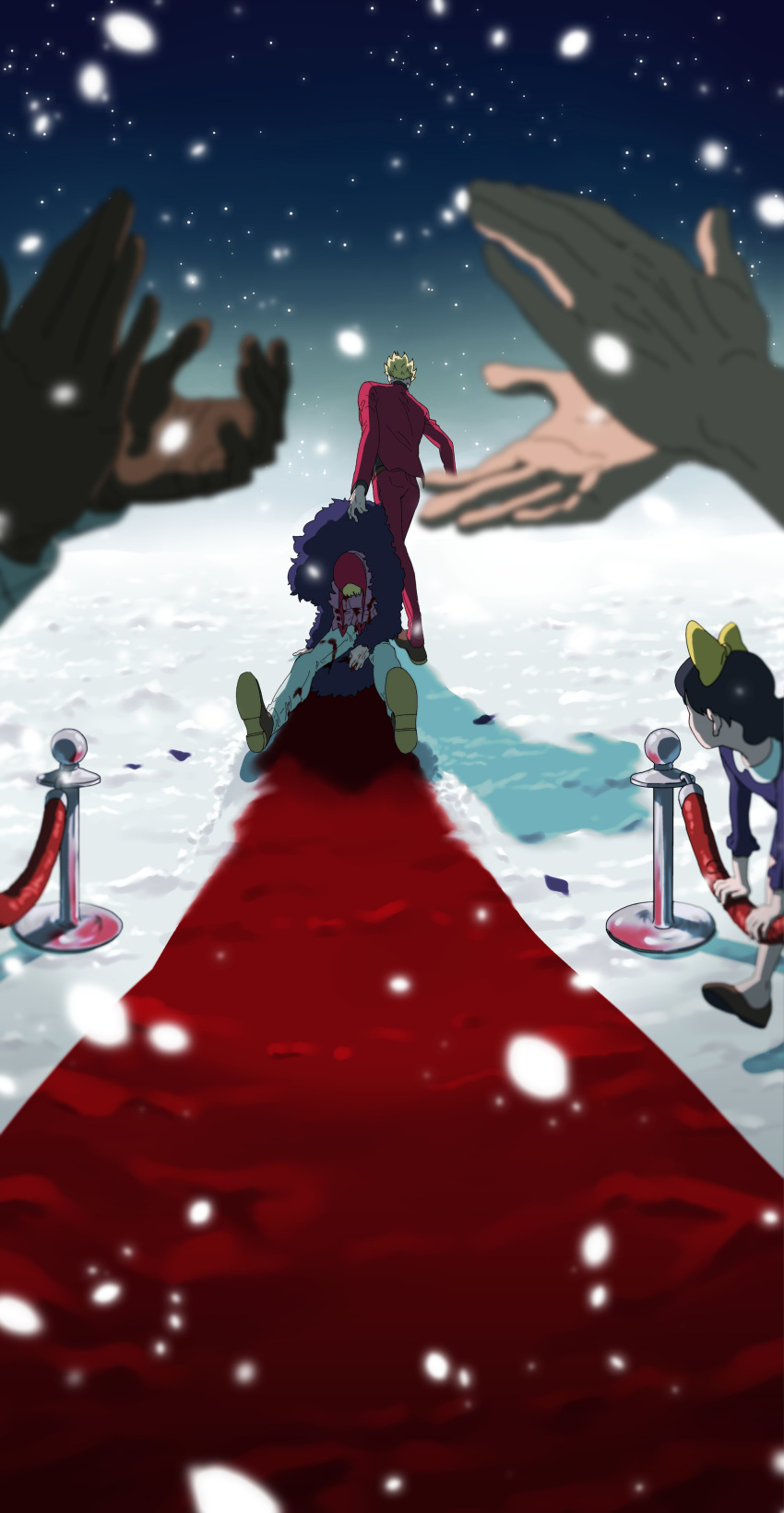 1girl 2boys absurdres aged_down baby_5 black_coat black_hair blonde_hair blood blurry blurry_foreground bow brothers clapping coat death disembodied_limb donquixote_doflamingo donquixote_rocinante dragging dress from_behind hair_bow highres lawcoegg long_hair multiple_boys night one_piece outdoors purple_dress red_carpet red_hood red_suit short_hair siblings snow snowing suit yellow_bow