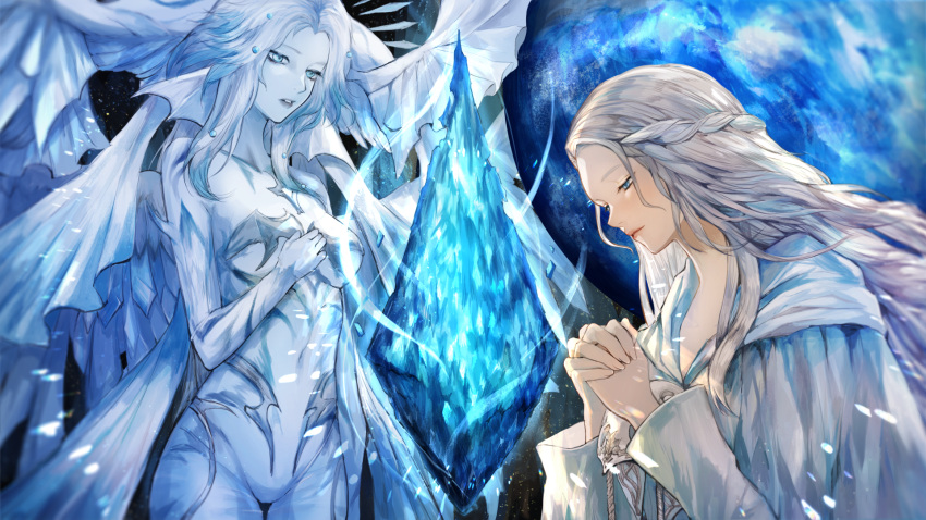 2girls artist_request blue_eyes blue_hair blue_skin blue_theme braid collarbone colored_skin commentary cowboy_shot crystal dual_persona final_fantasy final_fantasy_xiv fins floating floating_object from_side glowing grey_hair half_updo hand_on_own_chest hands_up head_fins head_wings highres hood hood_down hooded_robe hydaelyn light_particles long_hair long_sleeves looking_down mask mask_around_neck multicolored_hair multiple_girls multiple_wings own_hands_clasped own_hands_together parted_lips planet robe second-party_source single_braid standing two-tone_hair unworn_mask upper_body venat_(ff14) white_hair white_robe white_wings wings