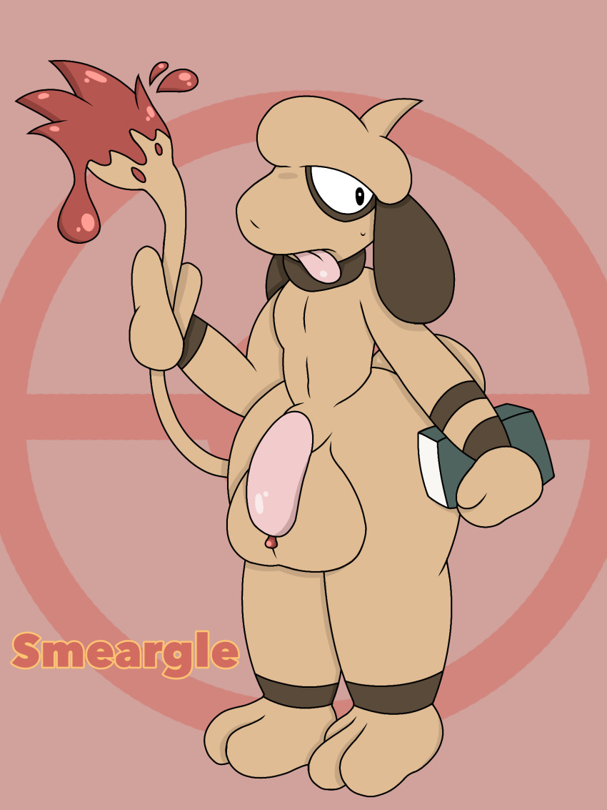 balls big_balls big_penis blush book brown_body brown_fur eye_ring fennicdafox fur generation_2_pokemon genitals hi_res looking_back male nintendo paint penis pink_penis pokemon pokemon_(species) red_paint red_precum shiny_pokemon smeargle solo tan_body tan_fur thick_thighs tongue tongue_out