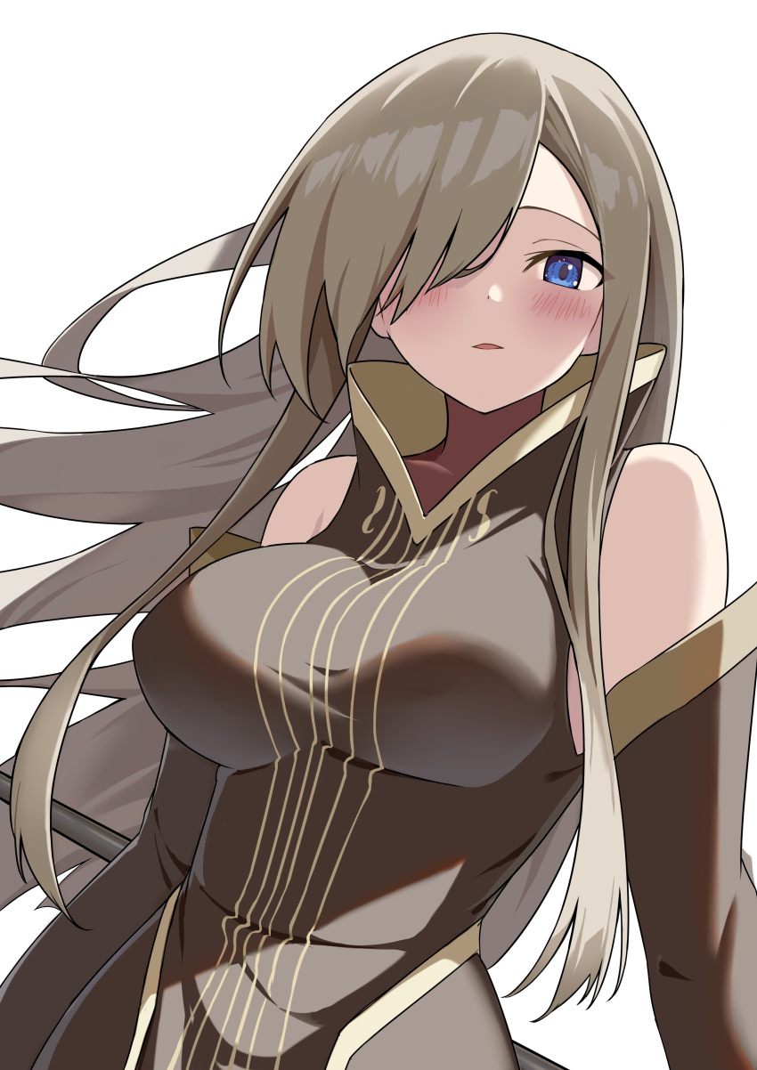 1girl absurdres bare_shoulders blue_eyes blush breasts brown_dress brown_sleeves commentary_request detached_sleeves dress floating_hair hair_over_one_eye high_collar highres large_breasts light_brown_hair long_hair looking_at_viewer mizumok1 one_eye_covered parted_lips sidelocks sleeveless sleeveless_dress solo sweatdrop tales_of_(series) tales_of_the_abyss tear_grants turtleneck upper_body white_background