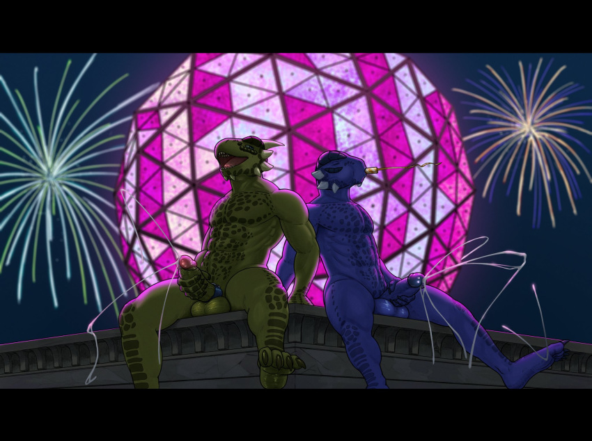 accessory anthro argonian backlighting balls bethesda_softworks blue_body blue_scales bodily_fluids cheek_spikes chin_spikes clock cock_ring cum cumshot duo ejaculation facial_spikes fireworks foreskin genital_fluids genitals glistening glistening_balls glistening_genitalia glistening_penis green_body green_scales group_masturbation happy hi_res holidays horn humanoid_genitalia humanoid_penis intraspecies jewelry light lighting male male/male masturbation muscular muscular_male new_year new_year_2024 night nude on_roof open_mouth orgasm outside party_horn party_horn_in_mouth penile penile_masturbation penis penis_accessory penis_jewelry public public_masturbation public_nudity retracted_foreskin scales scalie shen_(archshen) simultaneous_orgasms sitting spikes spikes_(anatomy) tall_lizzard_(artist) teeth the_elder_scrolls tongue tristen vein veiny_penis watch wristwatch wristwatch_only