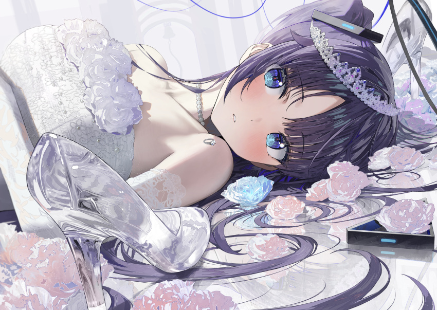 1girl absurdres alternate_costume bare_shoulders bead_necklace beads black_halo blue_archive blue_eyes commentary dress english_commentary flower halo hidulume highres jewelry long_hair looking_at_viewer lying necklace on_back purple_hair shoes solo tiara wedding_dress white_dress white_flower yuuka_(blue_archive)