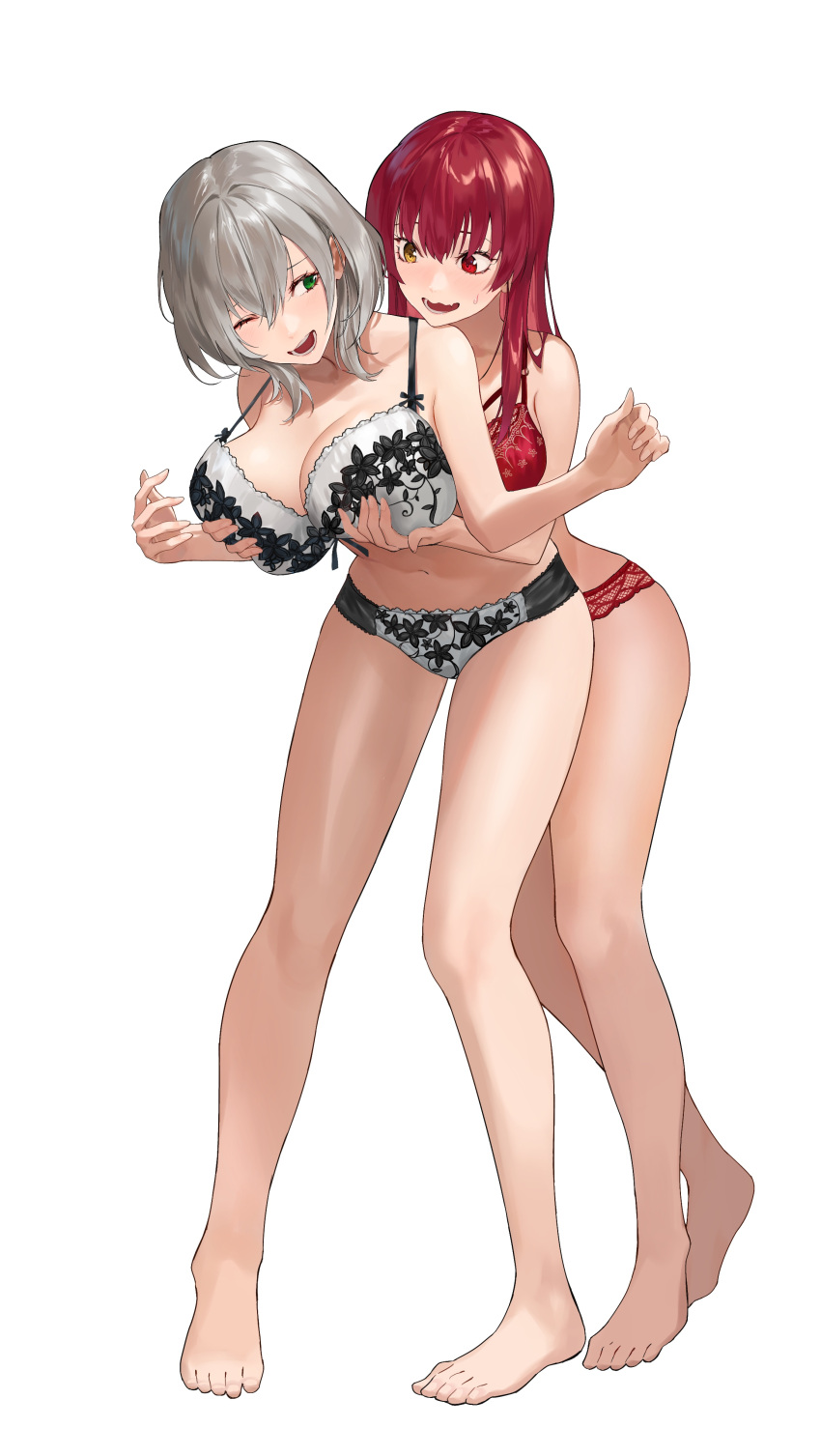 2girls absurdres alternate_hairstyle bare_arms bare_shoulders barefoot bra breasts fang female_pervert full_body grabbing grabbing_another's_breast grabbing_from_behind green_eyes grey_hair hashtag_only_commentary heterochromia highres hololive houshou_marine huge_breasts lace-trimmed_bra lace-trimmed_panties lace_trim long_hair looking_at_another medium_hair multiple_girls navel open_mouth panties pervert red_bra red_eyes red_hair red_panties shirogane_noel simple_background skin_fang standing sweat underwear virtual_youtuber white_background white_bra white_panties yellow_eyes zonotaida