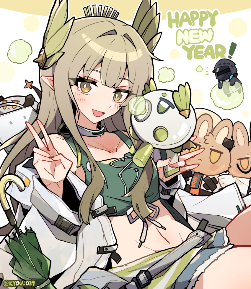 1girl 1other arknights bag brown_hair bubble choshanland_plushy_(arknights) coat collar commentary denim denim_shorts doctor_(arknights) dragon_bubble_(arknights) green_eyes green_tank_top happy_new_year highres kyou_039 laurel_crown long_hair looking_at_viewer muelsyse_(arknights) open_mouth pointy_ears saria_(arknights) shorts silence_(arknights) simple_background smile solo_focus stomach tank_top torn_clothes torn_shorts twitter_username umbrella water_gun white_background white_coat