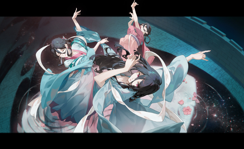 3girls absurdres arms_up black_hair cheese_kang closed_eyes dancing earrings flower_earrings highres jewelry kusuriya_no_hitorigoto letterboxed lipstick makeup multiple_girls petals red_eyes ribbon white_ribbon wide_sleeves