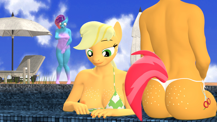 anthro anthrofied applejack_(mlp) babs_seed_(mlp) bikini_thong blonde_hair breasts butt clothed clothing covering covering_self equid equine eyelashes female freckles_on_butt friendship_is_magic group hair hasbro hi_res mammal misty_(g5) mlp_g5 my_little_pony nipples nude one_breast_out papadragon69 pupils swimming_pool swimwear topless trio umbrella