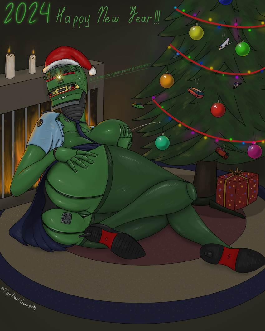 2024 absurd_res anthro big_butt bodily_fluids bottomwear breast_squish breasts butt butt_pose candle carpet christmas christmas_clothing christmas_decorations christmas_headwear christmas_tree clothing colored digital_drawing_(artwork) digital_media_(artwork) female fire footwear genital_fluids genitals glowing glowing_eyes hat headgear headwear hi_res high_heels holidays lactating legwear line_art living_machine living_vehicle locomotive machine mature_anthro mature_female milk necktie new_year plant pose presenting projectile_lactation pussy pussy_juice santa_hat shaded skirt smile squish stockings text thedarkgarage thick_thighs train trainmorph tree uniform vehicle