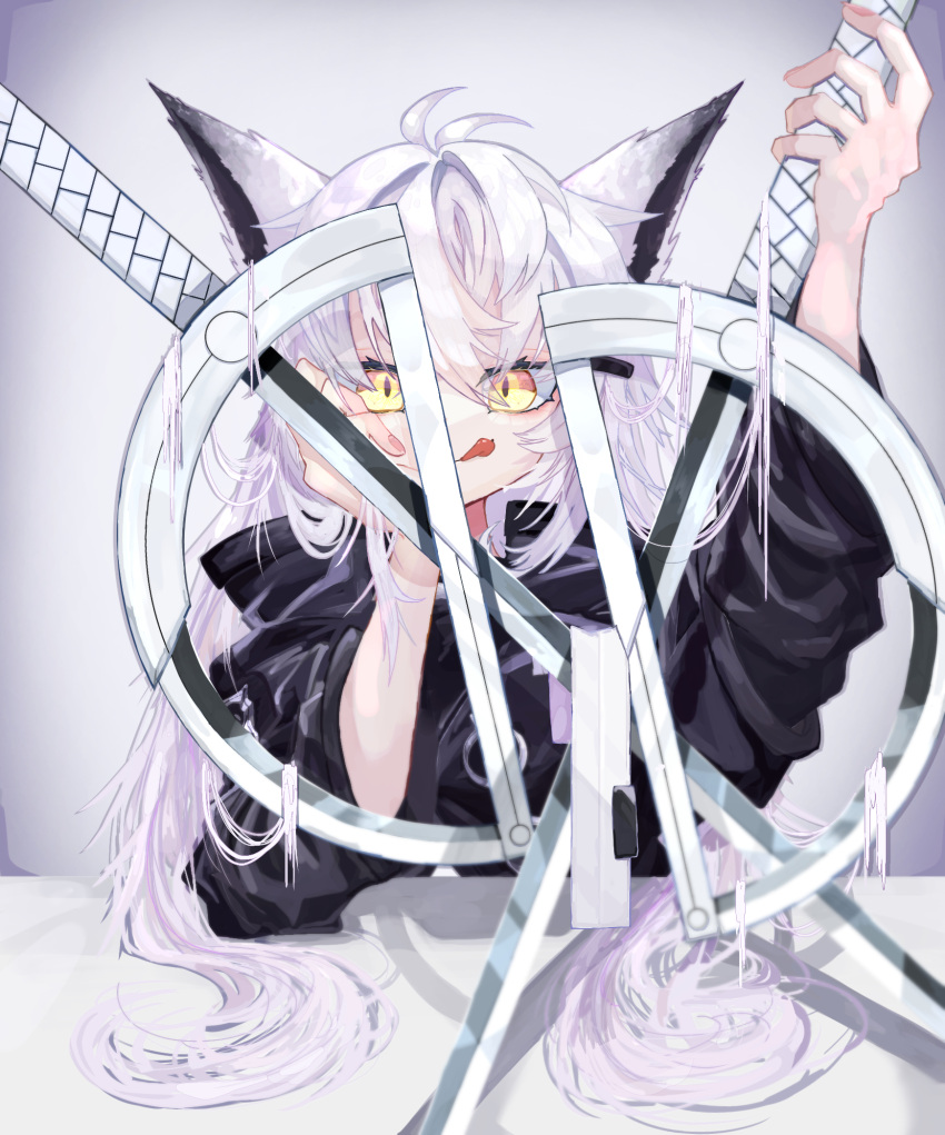 1girl animal_ears antenna_hair arknights arm_support arm_up black_jacket closed_mouth commentary_request eyelashes fingernails gradient_background grey_background grey_hair hair_between_eyes hair_flowing_over hair_over_eyes hair_spread_out hand_on_own_cheek hand_on_own_face hand_up head_rest highres holding holding_sword holding_weapon jacket lappland_(arknights) leaning leaning_on_object licking_lips long_hair long_sleeves looking_at_viewer messy_hair multiple_swords multiple_weapons pale_skin rice_(user_ajpf5282) shadow smile solo straight-on sword tongue tongue_out upper_body very_long_hair weapon wide_sleeves wolf_ears wolf_girl yellow_eyes