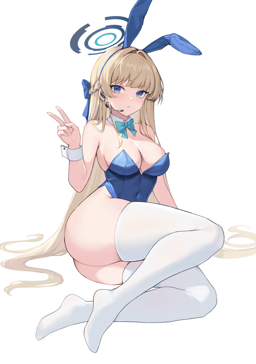 1girl absurdres animal_ears ass blonde_hair blue_archive blue_bow blue_bowtie blue_eyes blue_hair blue_halo blue_leotard bow bowtie breasts closed_mouth detached_collar fake_animal_ears full_body halo highres leotard long_hair looking_at_viewer medium_breasts multicolored_hair official_alternate_costume rabbit_ears simple_background solo strapless strapless_leotard streaked_hair thighhighs toki_(blue_archive) toki_(bunny)_(blue_archive) v white_background white_thighhighs yuuichi_yuiko
