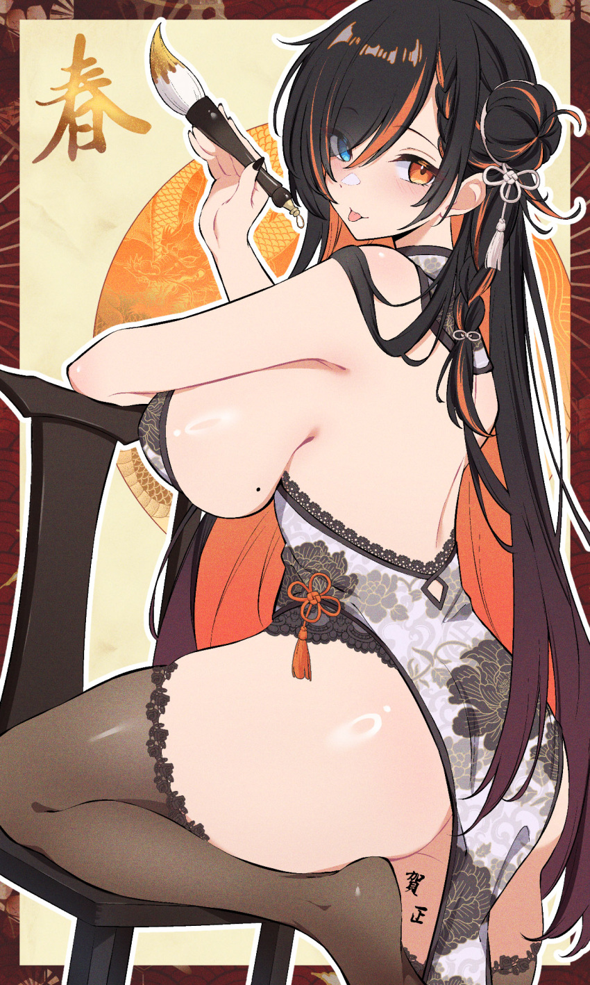 1girl :p ass black_hair black_thighhighs blue_eyes body_writing breasts china_dress chinese_clothes dress from_behind heterochromia highres holding holding_paintbrush large_breasts long_hair looking_at_viewer mole mole_on_breast multicolored_hair new_year nolmo orange_eyes orange_hair original paintbrush pelvic_curtain print_dress sideboob solo thighhighs thighs tongue tongue_out two-tone_hair white_dress
