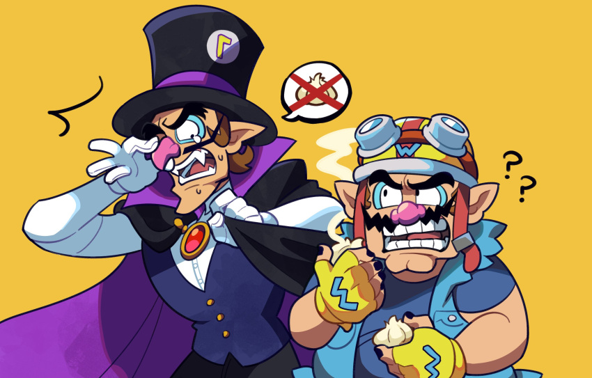 2boys ? ?? belt big_nose black_eyes black_nails blue_jacket blue_shirt confused eating facial_hair fangs fingerless_gloves gloves goggles goggles_on_head hat helmet highres jacket long_sleeves looking_at_another loveycloud male_focus mario_(series) multiple_boys mustache official_alternate_costume pointy_ears red_belt shirt short_sleeves simple_background smell speech_bubble thick_eyebrows vampire_costume waluigi waluigi_(vampire) wario warioware white_gloves yellow_background yellow_gloves