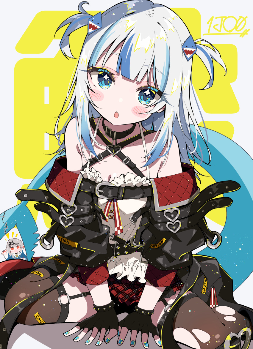 2girls absurdres belt belt_collar black_belt black_jacket blue_eyes blue_hair blue_nails breasts brown_thighhighs cleavage collar cosplay fins fish_tail garter_straps gawr_gura gawr_gura_(1st_costume) gawr_gura_(cosplay) hair_ornament highres hololive hololive_english ichijo_rei jacket long_hair long_sleeves looking_at_viewer multicolored_hair multiple_girls open_mouth red_skirt sakamata_chloe sakamata_chloe_(1st_costume) sakamata_chloe_(cosplay) shark_girl shark_hair_ornament shark_tail sidelocks sitting skirt small_breasts solo streaked_hair tail thighhighs torn_clothes torn_thighhighs two_side_up virtual_youtuber white_hair