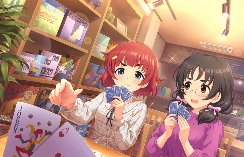 2girls ace_(playing_card) ace_of_hearts anzai_miyako artist_request asano_fuka black_hair black_ribbon blue_eyes blush board_game bow breasts card ceiling ceiling_light glasses hair_bow heart idolmaster idolmaster_cinderella_girls idolmaster_cinderella_girls_starlight_stage indoors joker_(playing_card) large_breasts looking_at_another low_twintails multiple_girls nervous nervous_sweating official_art old_maid open_mouth pink_bow playing_card pov purple_shirt red_hair ribbon shelf shirt short_hair sidelocks sitting sparkle sweat sweatdrop table thick_eyebrows twintails v-shaped_eyebrows wavy_mouth