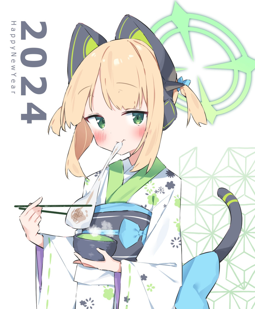 1girl 2024 animal_ear_headphones animal_ears blonde_hair blue_archive blush cat_tail chopsticks closed_mouth fake_animal_ears food green_eyes green_halo halo happy_new_year headphones highres holding holding_chopsticks japanese_clothes kimono long_sleeves midori_(blue_archive) mochi obi sash short_hair simple_background solo suta0822 tail white_background white_kimono wide_sleeves