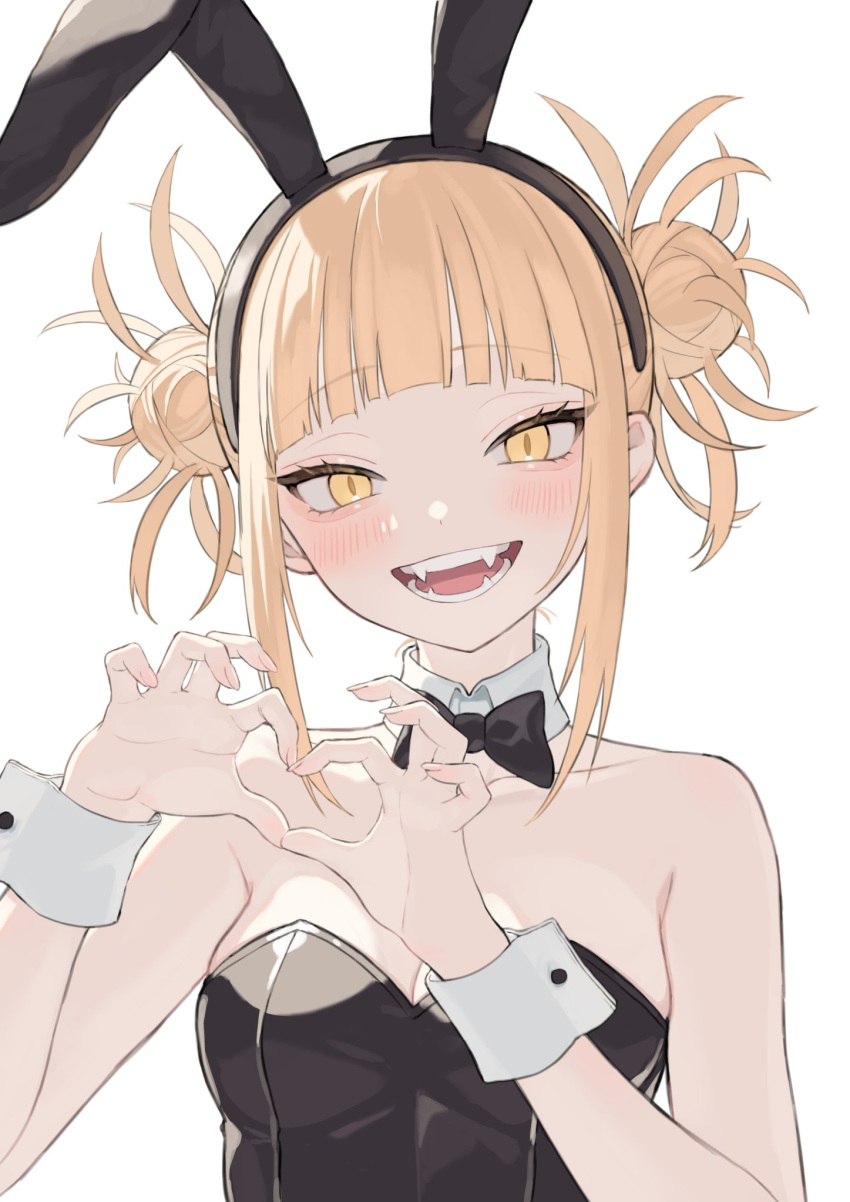 1girl animal_ears black_bow black_bowtie blonde_hair blunt_bangs blush boku_no_hero_academia bow bowtie breasts detached_collar double_bun fake_animal_ears fangs hair_bun heart heart_hands highres kiina_(mrnsor) leotard looking_at_viewer medium_breasts messy_hair open_mouth playboy_bunny rabbit_ears simple_background solo strapless strapless_leotard toga_himiko white_background wrist_cuffs yellow_eyes