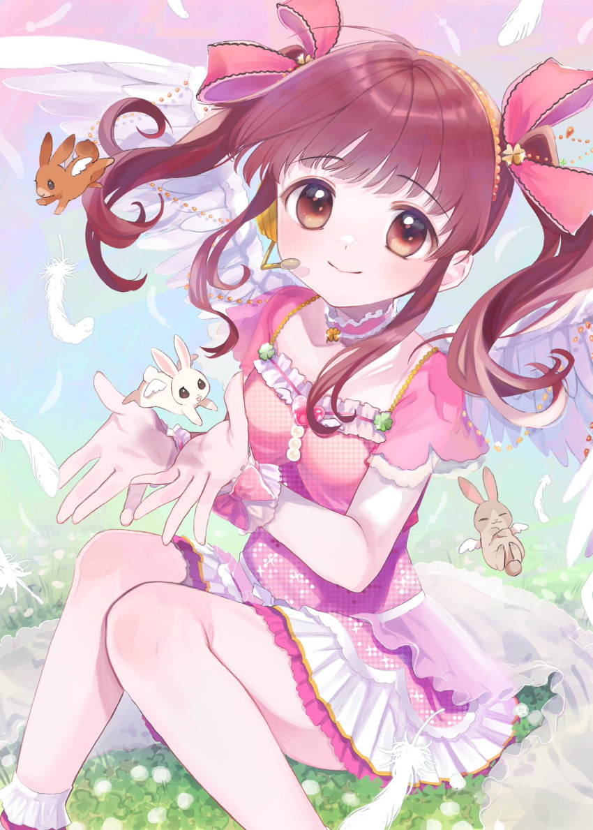 1girl amezawa_koma blush brown_eyes brown_hair choker commentary_request dress feathered_wings feathers frilled_choker frills grass hair_ribbon headset highres idol_clothes idolmaster idolmaster_cinderella_girls looking_at_viewer medium_hair ogata_chieri pink_choker pink_dress rabbit ribbon short_sleeves sidelocks sitting smile solo twintails white_wings wings wrist_cuffs