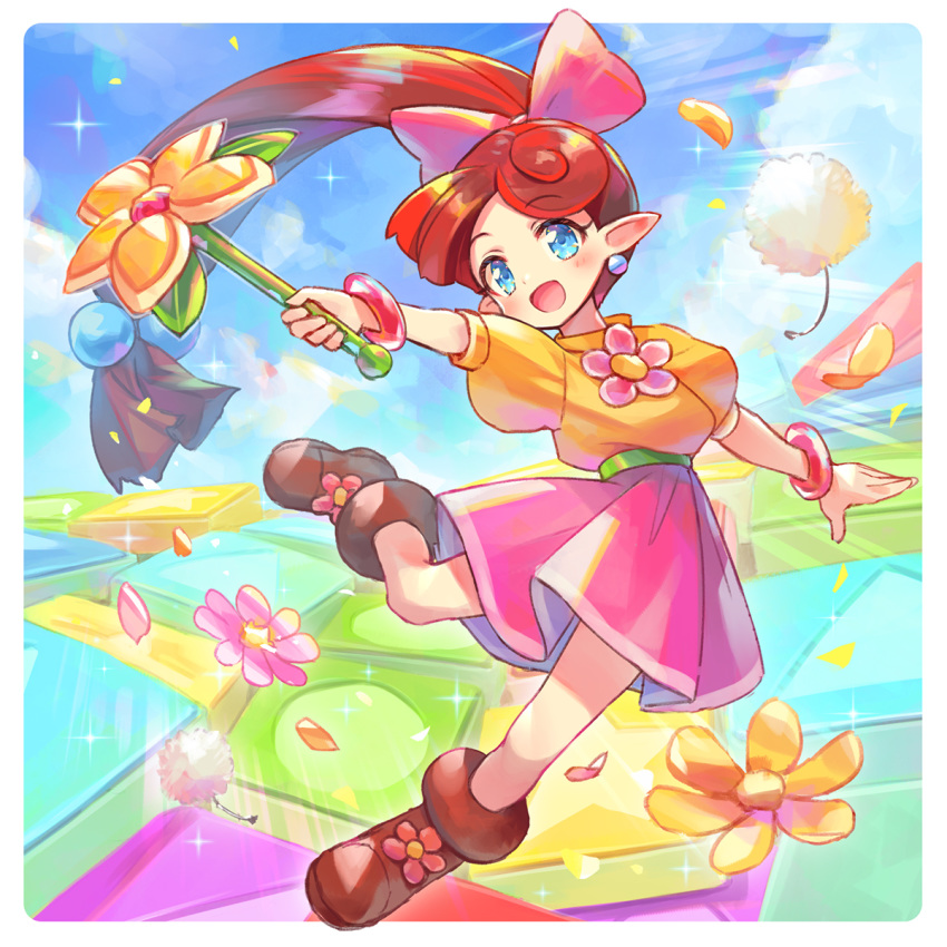1girl :d ankle_boots asymmetrical_hair bangle belt blue_eyes blue_sky blush boots border bow bracelet brown_hair child dandelion_seed dress eyebrows_visible_through_hair fairy flower flower_brooch hair_bobbles hair_bow hair_ornament highres holding holding_wand jewelry jumping kurobuta_gekkan lip_(panel_de_pon) long_hair looking_at_viewer nintendo open_mouth outdoors outstretched_arms panel_de_pon petals pink_flower pink_skirt pointy_ears ponytail puffy_sleeves skirt sky smile solo spread_arms wand white_border yellow_dress yellow_flower