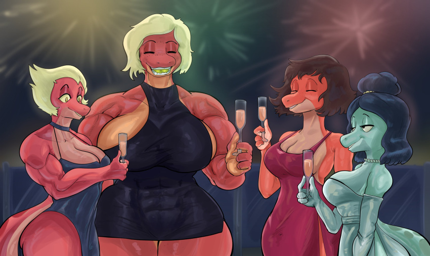 2023 abs amphibia_(series) amphibian anthro armwear bella_(amphibia) big_breasts black_clothing black_dress black_hair blonde_hair blue_clothing blue_dress breasts champagne_glass cleavage clothed clothing cocktail_dress disney dress elbow_gloves eyebrows eyes_closed female fireworks fully_clothed gem general_yunan glass gloves green_clothing green_dress group hair hair_bun half-closed_eyes handwear hi_res holding_glass holding_object holidays huge_breasts jewelry lady_olivia minidress muscular muscular_female narrowed_eyes necklace new_year newt odelia_(thedarkzircon) open_mouth open_smile pearl_(gem) pearl_necklace red_clothing red_dress salamander short_hair smile standing teeth thedarkzircon thick_thighs wide_hips