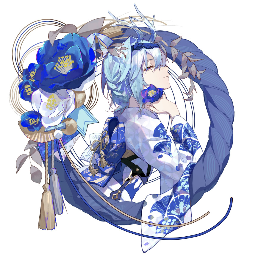 1girl alternate_costume blue_flower blue_hair blue_hairband blue_robe chest_harness closed_mouth eula_(genshin_impact) fake_antlers fake_horns flower genshin_impact hairband half-closed_eyes harness highres holding holding_flower horns japanese_clothes kimono looking_to_the_side medium_hair obi oriori_0201 robe sash solo two-tone_kimono upper_body white_background white_flower white_kimono