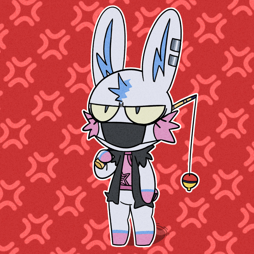 ambiguous_gender animal_crossing anthro chibi clothing ear_piercing facemask fan_character featureless_crotch featureless_feet featureless_hands fishing_rod frown hi_res itchi jacket lagomorph leather leather_jacket leporid mammal nintendo pattern_background piercing punk rabbit simple_background solo topwear video_games