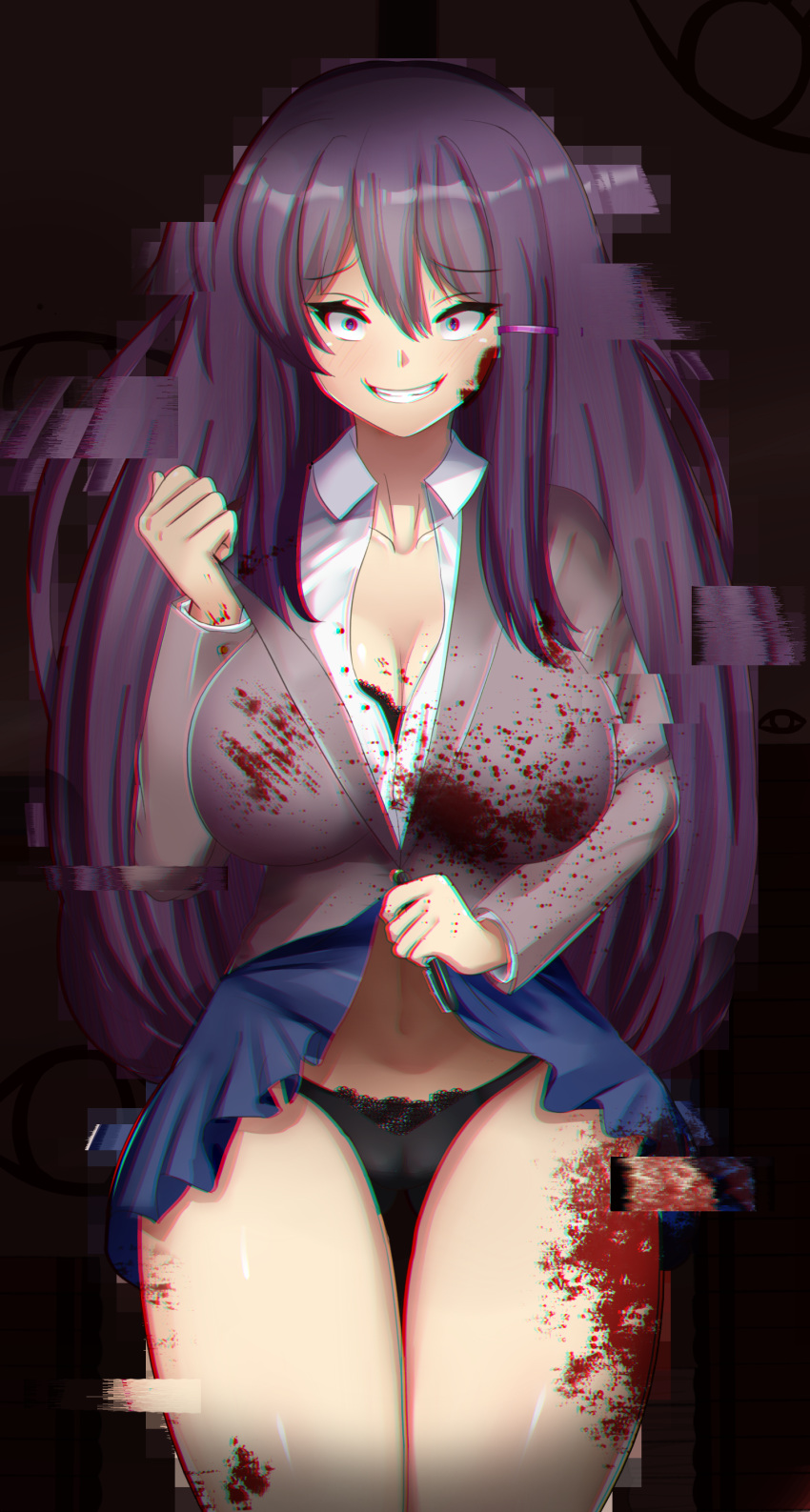 absurdres black_bra black_panties blood blood_on_face bloody_clothes bra breasts classroom dark_background digital_dissolve doki_doki_literature_club glitch highres knife large_breasts panties pen sana!rpg school_uniform skirt skirt_lift underwear window yandere yuri_(doki_doki_literature_club)