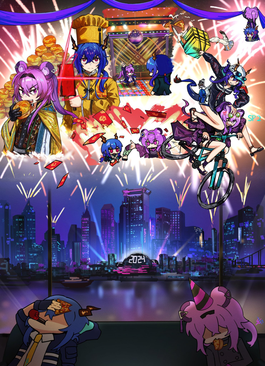 2024 2girls animal_ears arknights blue_hair ch'en_(arknights) chef_hat dance_floor dancing dragon_girl dragon_horns food harlequin-wheels hat highres horns lin_(arknights) money mouse_ears multiple_girls pink_eyes pink_hair pizza red_hair