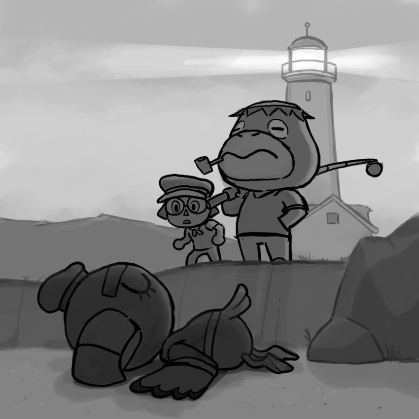 animal_crossing character_request corncob_pipe english_commentary fishing_rod greyscale gulliver_(animal_crossing) hand_on_own_hip hat highres kapp'n_(animal_crossing) kappa lighthouse lying monochrome on_stomach outdoors parody picture_kris the_lighthouse