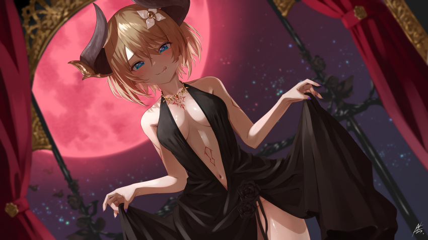 1girl :q absurdres aogiri_koukou bare_shoulders black_dress black_flower black_horns black_rose blue_eyes body_markings breasts breasts_apart brown_hair clothes_lift curtains demon_girl dress dress_flower dress_lift flower full_moon gem gold_necklace hair_between_eyes hair_flower hair_ornament heart heart-shaped_pupils highres horns jewelry kkix25 kurikoma_komaru lifted_by_self moon navel necklace plunging_neckline pointy_ears purple_nails red_gemstone red_moon rose short_hair signature symbol-shaped_pupils tongue tongue_out virtual_youtuber white_flower