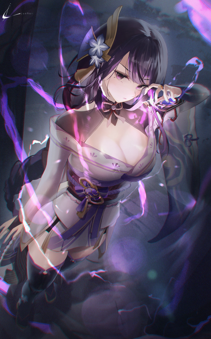 1girl absurdres arm_at_side black_thighhighs blurry blush braid braided_ponytail breasts bridal_gauntlets cleavage cleavage_cutout closed_mouth clothing_cutout commentary dark depth_of_field eyelashes fighting_stance flower foreshortening from_above full_body genshin_impact hair_flower hair_ornament hand_up highres hip_vent jitome large_breasts long_hair long_sleeves low_ponytail luenar magic miniskirt mole mole_under_eye nose purple_eyes purple_hair raiden_shogun serious signature skirt solo standing swept_bangs symbol-only_commentary thighhighs upturned_eyes v-shaped_eyebrows very_long_hair