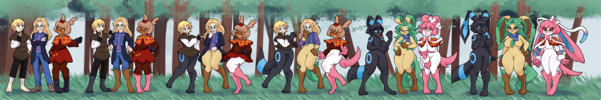 absurd_res anthro big_breasts black_body black_fur blonde_hair breast_growth breasts brown_hair clothed clothing colored eeveelution female forest forest_background fur gender_transformation generation_2_pokemon generation_4_pokemon generation_6_pokemon group growth hair happy hi_res human hybrid karukarumie leafeon long_hair long_image looking_at_self lopunny male mammal mtf_transformation nature nature_background nintendo pink_body pink_fur plant pokemon pokemon_(species) sequence shiny_pokemon species_transformation sylveon tail tail_growth_in_pants tan_body tan_fur thick_thighs transformation tree trio umbreon white_body white_fur wide_image