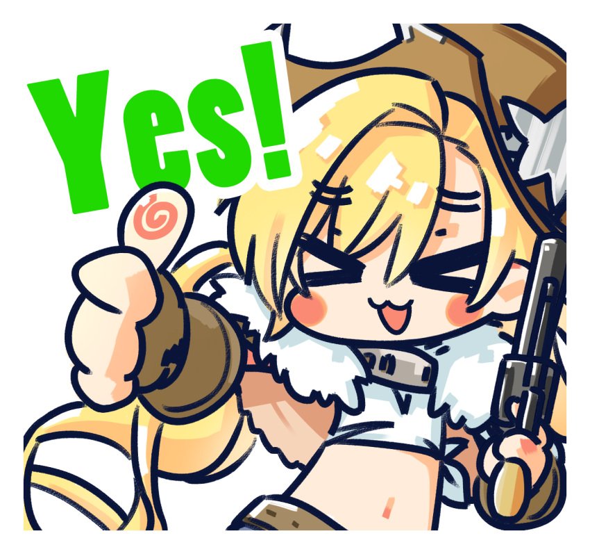 &gt;_&lt; 1girl :3 :d belt blonde_hair blush_stickers brown_gloves chibi chinese_commentary closed_eyes colt_revolver_(girls'_frontline) colt_single_action_army commentary_request cowboy_hat facing_viewer fingerless_gloves fingerprint fur_collar girls'_frontline gloves gun hat highres holding holding_gun holding_weapon long_hair navel official_art open_mouth revolver shirt simple_background smile solo su_xiao_jei thumbs_up tied_shirt twintails upper_body weapon white_background white_shirt xd yes