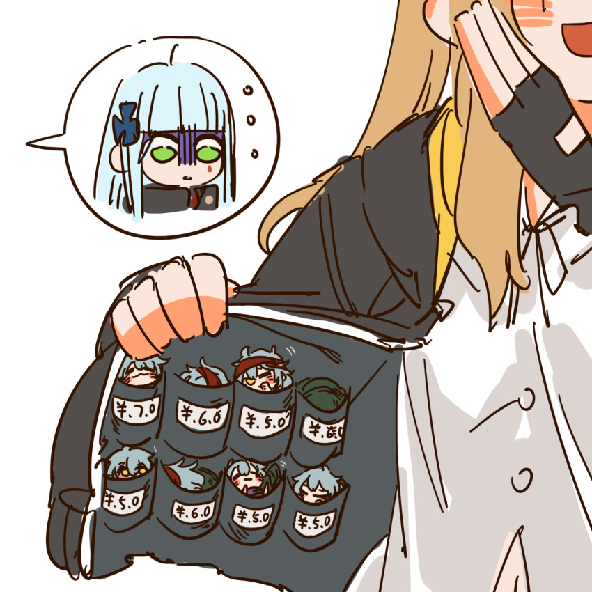 ... 6+girls :3 :d :o black_gloves black_jacket blue_hair blush_stickers brown_hair buttons chinese_commentary closed_eyes coat_stash commentary_request fingerless_gloves g11_(girls'_frontline) girls'_frontline gloves green_eyes green_headwear headband highres hk416_(girls'_frontline) in_pocket jacket light_blue_hair long_hair merchandise merchant mini_person minigirl motion_lines multiple_girls one_eye_closed open_clothes open_jacket open_mouth parted_lips price_tag red_headband shaded_face shirt simple_background smile spoken_character su_xiao_jei twintails ump9_(girls'_frontline) white_background white_shirt yellow_eyes