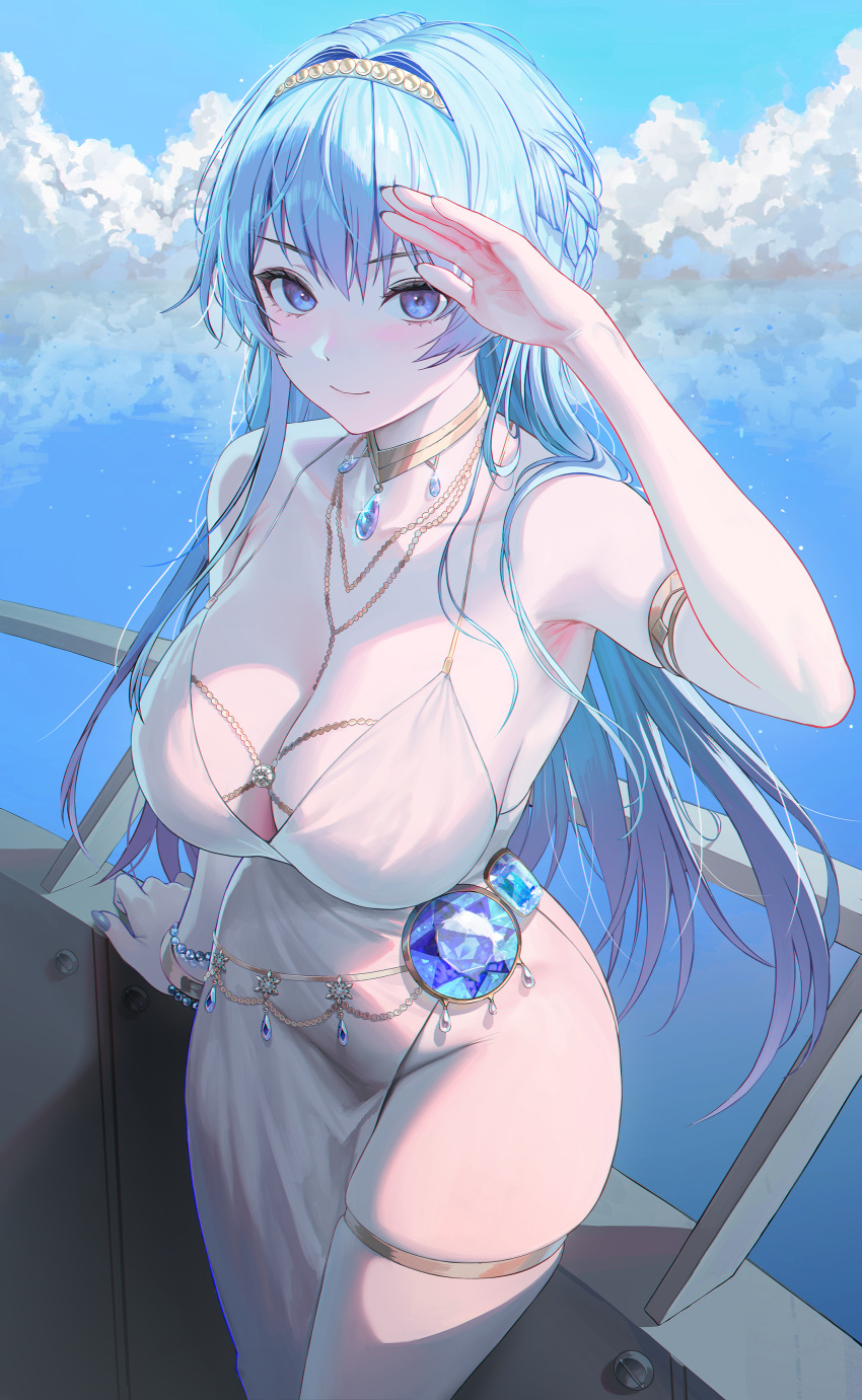 1girl absurdres arm_up armlet armpits bare_shoulders blue_eyes blue_gemstone blue_hair blue_sky breasts cleavage closed_mouth cloud cloudy_sky commentary_request dress feet_out_of_frame fingernails gem goddess_of_victory:_nikke gold_necklace helm_(chandelier)_(nikke) helm_(nikke) highres jewelry large_breasts long_hair looking_at_viewer myabit necklace no_panties official_alternate_costume pearl_hairband salute side_slit sky sleeveless sleeveless_dress smile solo thick_thighs thigh_strap thighs white_dress