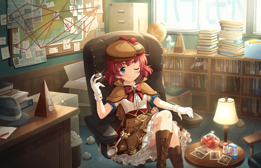 1girl anzai_miyako artist_request bag bandaid bandaid_on_knee bandaid_on_leg blue_eyes book book_stack bookshelf boots bow box brooch brown_capelet brown_footwear capelet cardboard_box chair crossed_legs crumpled_paper day deerstalker desk detective file flat_chest frilled_shirt frilled_skirt frills gloves hat holding holding_smoking_pipe idolmaster idolmaster_cinderella_girls idolmaster_cinderella_girls_starlight_stage indoors jewelry lamp looking_at_viewer magnifying_glass messy_room office office_chair official_alternate_costume official_art one_eye_closed paper pen photo_(object) plaid_headwear red_bow red_hair shirt short_hair short_sleeves sidelocks skirt smile smoking_pipe solo sparkle sticky_note sunlight swivel_chair thick_eyebrows too_many too_many_books trash trash_can unworn_hat unworn_headwear white_gloves white_shirt