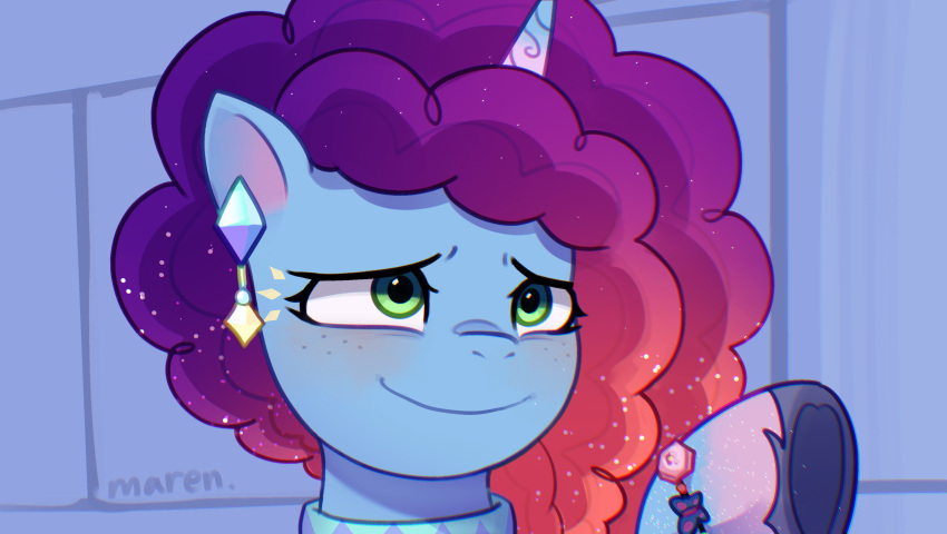 absurd_res blue_body blue_fur blush bracelet clothing ear_piercing equid equine footwear freckles fur green_eyes hair hasbro hi_res hooves horn jewelry mammal marenlicious misty_(g5) mlp_g5 my_little_pony piercing pink_body pink_fur purple_hair socks unicorn