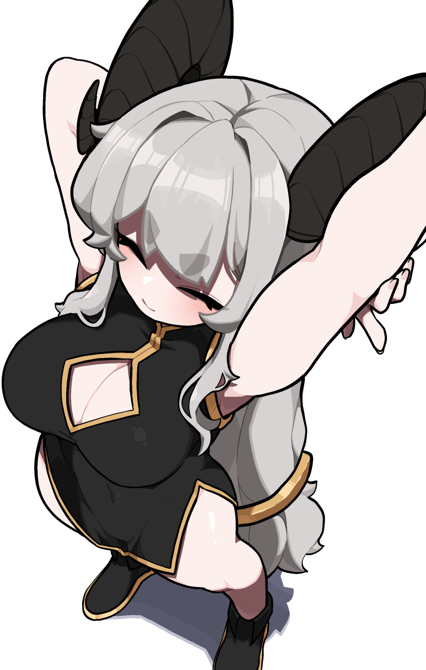 1girl :o absurdres animal_ears armpits arms_up black_dress black_horns blush bolt_(min_lona) breasts china_dress chinese_clothes cleavage cleavage_cutout closed_eyes closed_mouth clothing_cutout covered_navel dress foreshortening goat_ears goat_girl goat_horns grey_hair highres horns impossible_clothes impossible_dress large_breasts long_hair low-tied_long_hair min_lona open_mouth original simple_background sleeveless sleeveless_dress solo stretching very_long_hair
