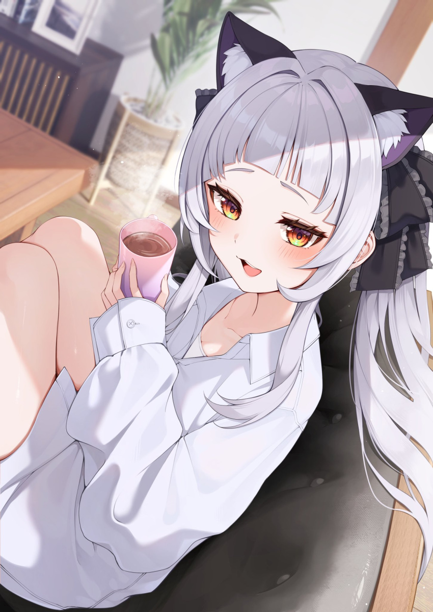 1girl alternate_costume animal_ear_fluff animal_ears arched_bangs bare_legs black_bow black_ribbon blush bow casual cat_ears commentary couch cup frilled_ribbon frills grey_hair hair_ribbon highres holding holding_cup hololive indoors knees_up long_hair long_sleeves looking_at_viewer morning murasaki_shion on_couch open_mouth puffy_long_sleeves puffy_sleeves ribbon shirt short_eyebrows sidelocks sitting smile solo steam tyabesu virtual_youtuber white_shirt yellow_eyes