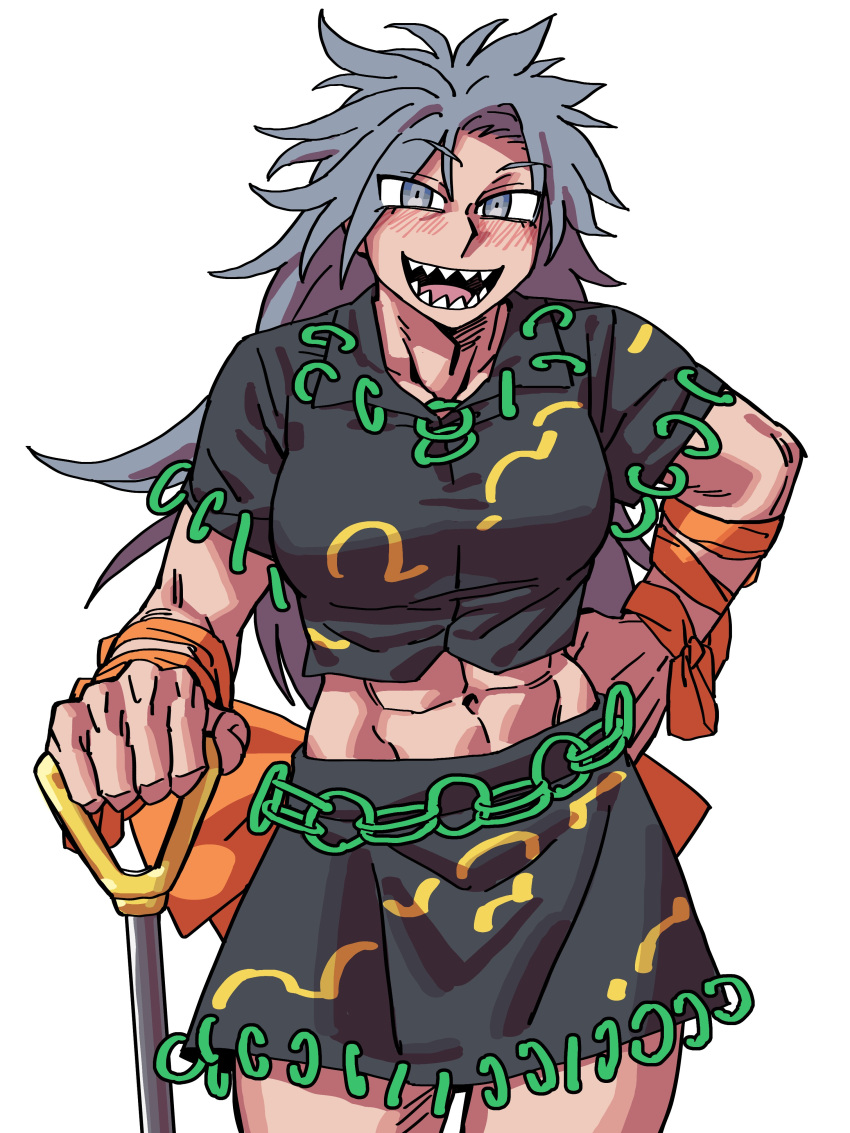 1girl :d abs absurdres black_shirt black_skirt blush commentary eddybird55555 grey_eyes grey_hair highres himemushi_momoyo long_hair looking_at_viewer muscular muscular_female navel open_mouth sharp_teeth shirt shovel skirt smile teeth touhou