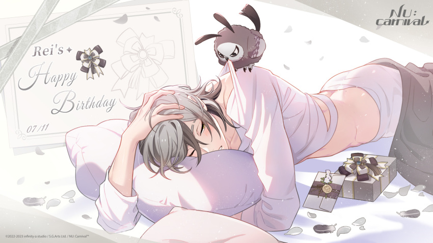 1boy animal_on_shoulder bird bird_on_shoulder birthday_card bishounen box brown_hair father_(nu_carnival) gift gift_box grey_hair happy_birthday highres letter long_sleeves looking_at_another lying male_focus nu_carnival official_art on_bed on_stomach owl parted_lips petals pillow rei_(nu_carnival) shirt short_hair wax_seal white_shirt yellow_eyes