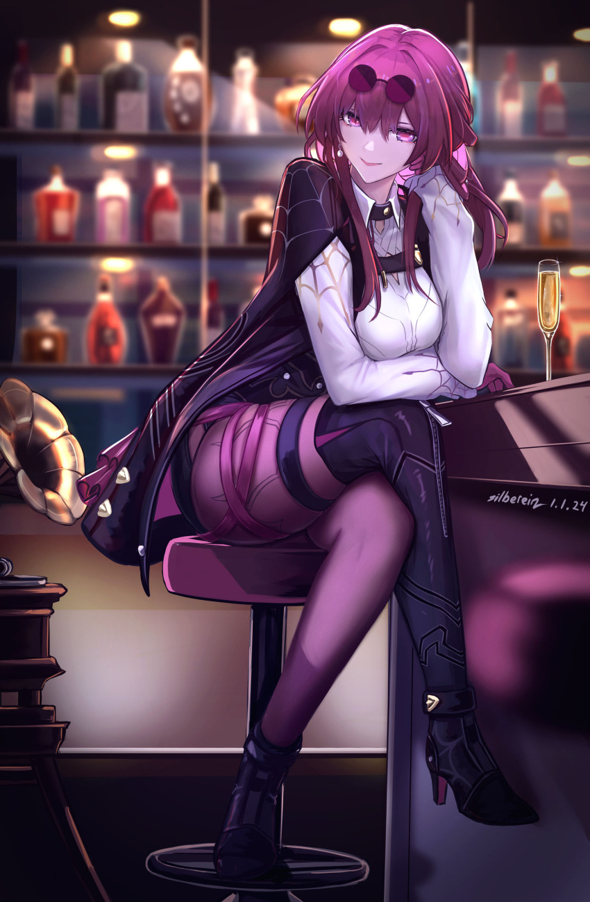 1girl absurdres alcohol bar_(place) bar_stool black_jacket breasts chair collared_shirt counter crossed_legs drink eyewear_on_head gloves hair_between_eyes highres honkai:_star_rail honkai_(series) jacket kafka_(honkai:_star_rail) large_breasts long_hair long_sleeves looking_at_viewer pantyhose purple_eyes purple_gloves purple_hair round_eyewear shirt silberein sitting smile solo stool sunglasses thighs white_shirt