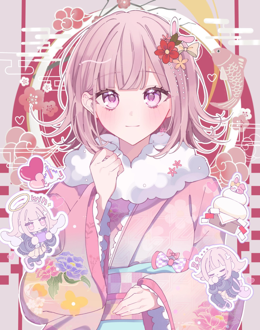 1girl alternate_costume alternate_hair_ornament animal_ears black_jacket blush bow danganronpa_(series) danganronpa_2:_goodbye_despair fish flower fur_collar hair_bow hair_flower hair_ornament halo handheld_game_console heart highres holding holding_handheld_game_console jacket japanese_clothes kimono long_sleeves medium_hair multiple_views nanami_chiaki pink_eyes pink_kimono pote_(pote_39) rabbit_ears smile upper_body wide_sleeves wings yellow_bow