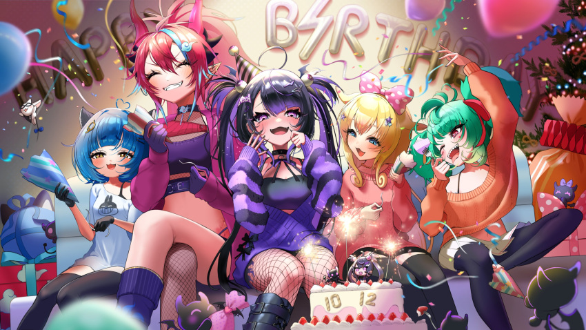 5girls ahoge arm_up balloon birthday_cake black_footwear black_gloves black_hair black_nails black_pantyhose black_sleeves black_socks black_thighhighs blonde_hair blue_eyes blue_hair boots bow box cake closed_eyes commission confetti coni_confetti crossed_legs dragon_girl dragon_horns eye_hair_ornament fangs fishnet_pantyhose fishnets food fork fruit gift gift_box gloves green_hair hair_bow hair_ornament happy_birthday hat heart heart_ahoge highres holding holding_fork horns idol_corp jacket jewelry kai_saikota momo_otako multicolored_hair multiple_girls necklace one_eye_closed open_mouth orange_sweater pantyhose party_hat party_popper pink_bow pink_hair pink_jacket pink_sweater pleated_skirt pointy_ears poko_rakun polka_dot polka_dot_bow ponytail purple_eyes purple_gloves purple_hair purple_sleeves red_bow ribbed_sweater roca_rourin_(vtuber) second-party_source sharp_teeth single_fishnet_legwear skirt sleeves_past_wrists socks star_(symbol) star_hair_ornament strawberry streaked_hair streamers striped_sleeves sweater teeth tentacle_hair thighhighs tongue tongue_out twintails white_skirt yellow_eyes yuarima2