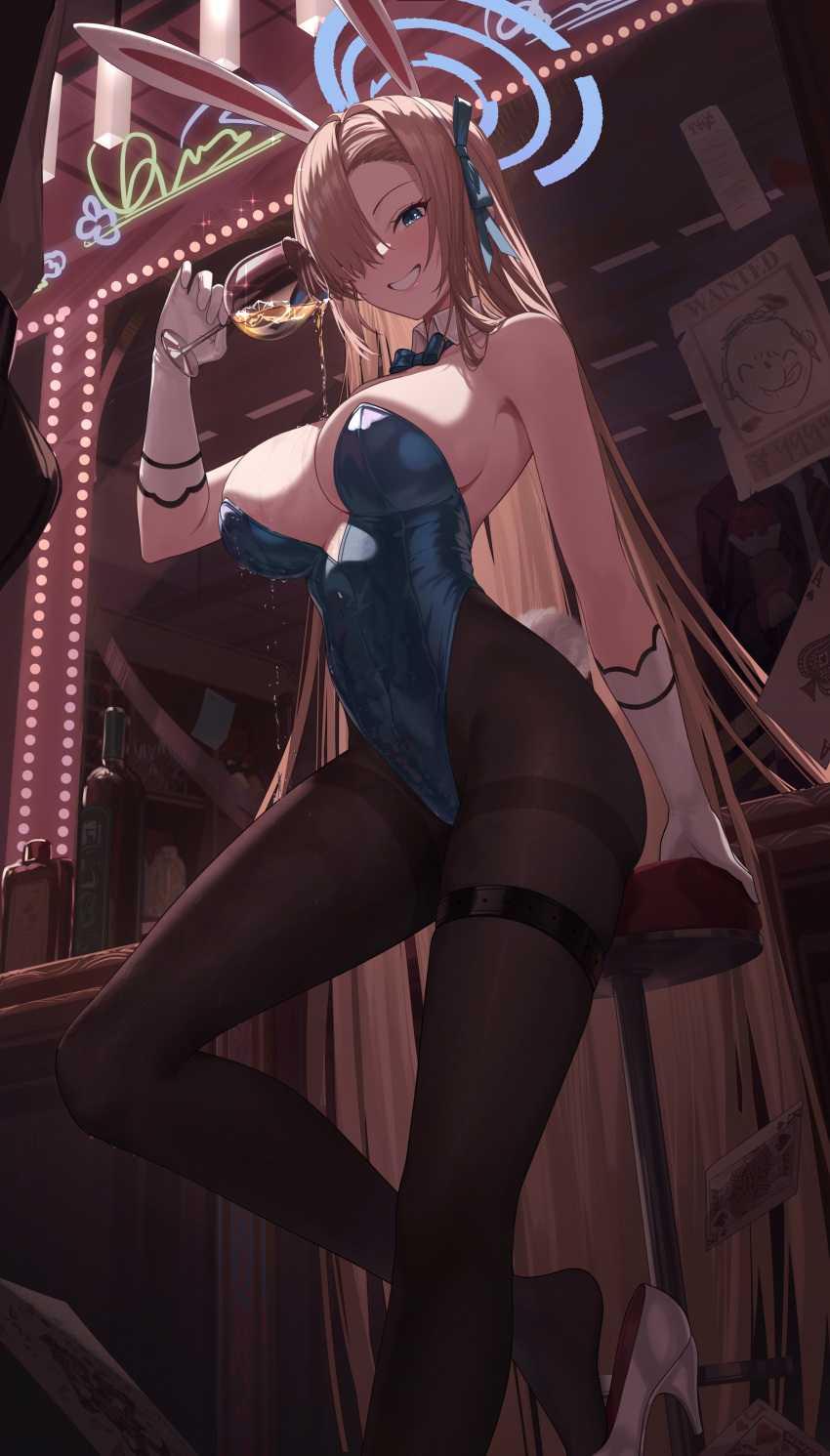 1girl absurdly_long_hair absurdres animal_ears arched_back arm_support asuna_(blue_archive) asuna_(bunny)_(blue_archive) asymmetrical_bangs bar_(place) bar_stool bare_shoulders blonde_hair blue_archive blue_bow blue_bowtie blue_eyes blue_halo blue_leotard blue_ribbon bow bowtie breasts brown_pantyhose cc_xiaotintin cleavage cup detached_collar diffraction_spikes doodle_sensei_(blue_archive) elbow_gloves fake_animal_ears feet_out_of_frame from_below glass gloves grin hair_over_one_eye hair_ribbon halo high_heels highleg highleg_leotard highres holding holding_cup large_breasts leotard light_brown_hair long_hair looking_at_viewer official_alternate_costume pantyhose playboy_bunny pouring pouring_onto_self rabbit_ears ribbon sensei_(blue_archive) shiny_clothes sitting skindentation smile stool strapless strapless_leotard thighband_pantyhose traditional_bowtie very_long_hair white_footwear white_gloves