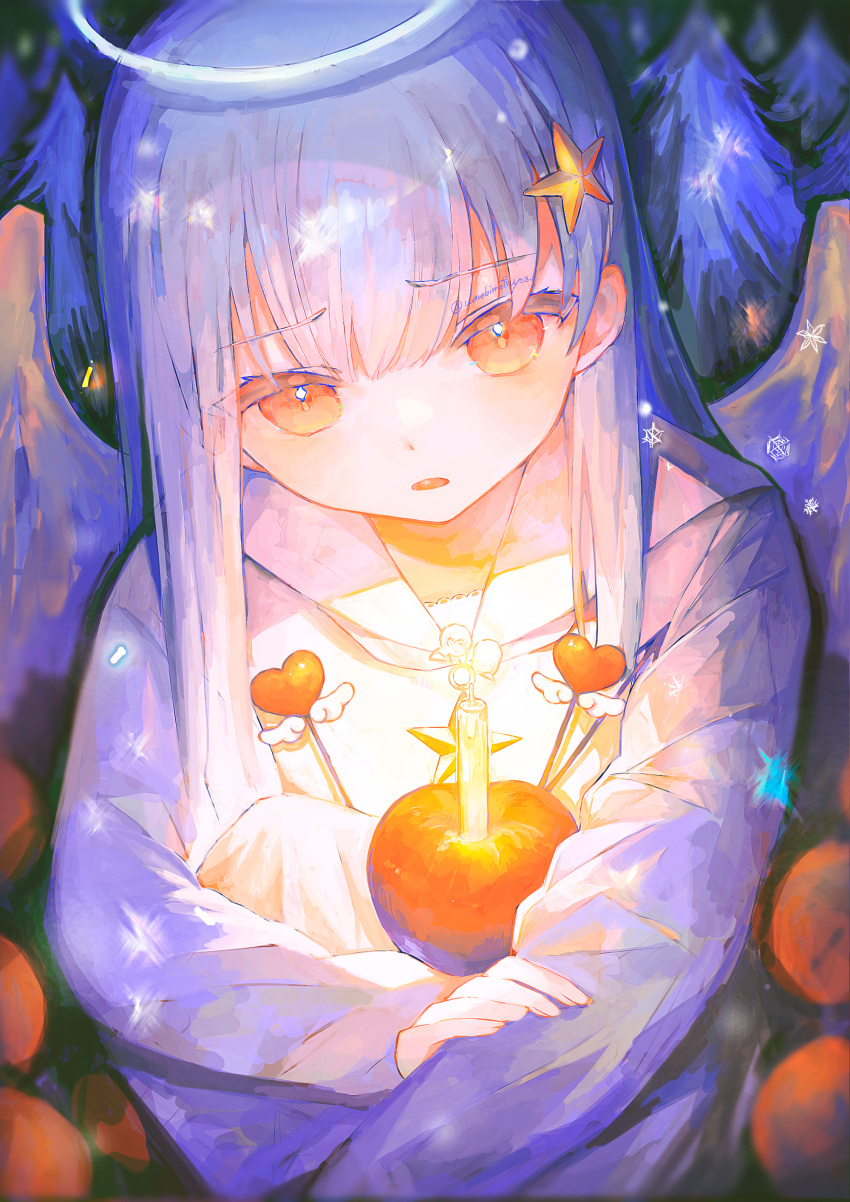 1girl absurdres angel angel_wings apple candle candlelight dress food fruit hair_ornament halo heart highres irodori_warabi long_hair long_sleeves looking_at_viewer open_mouth orange_eyes original ornament purple_hair star_(symbol) star_hair_ornament white_dress wings