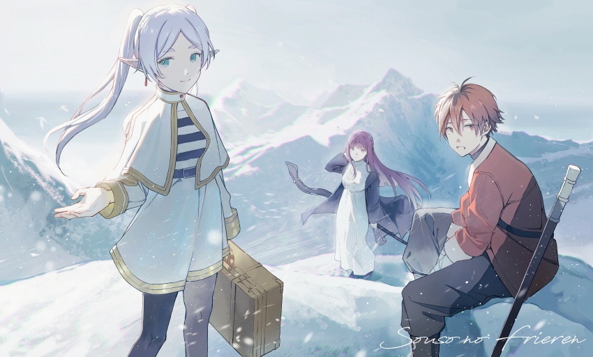 1boy 2girls absurdres briefcase brown_eyes brown_hair capelet dress elf fern_(sousou_no_frieren) frieren gold_trim green_eyes highres holding holding_briefcase long_sleeves looking_at_viewer mountain multiple_girls pantyhose pointy_ears purple_eyes purple_hair shirt sky sousou_no_frieren stark_(sousou_no_frieren) striped striped_shirt twintails white_capelet white_dress white_hair white_sky yurun_(yurun_ume)