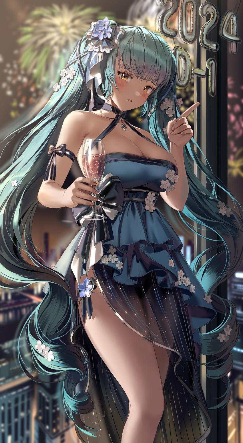 1girl 2024 absurdres alcohol blue_dress blue_hair blurry blurry_background blush breasts champagne cleavage dress fireworks goddess_of_victory:_nikke highres large_breasts long_hair looking_at_viewer night open_mouth privaty_(banquet_princess)_(nikke) privaty_(nikke) silence_girl solo standing twintails yellow_eyes