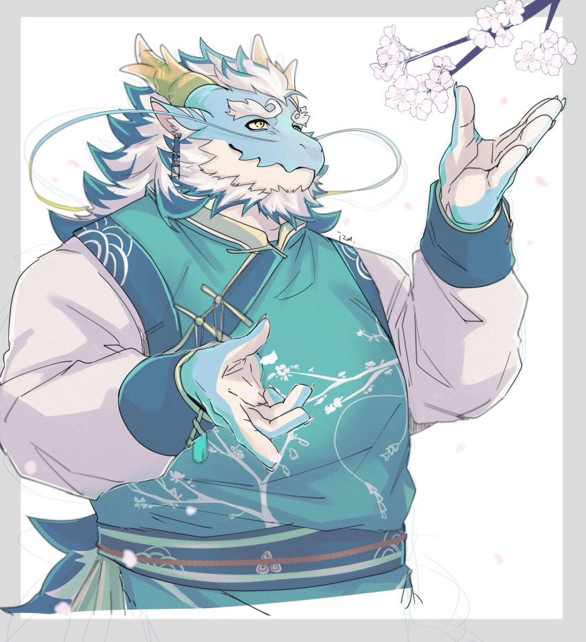 1boy animal_ear_fluff aqua_hair aqua_skin bara beard border branch closed_mouth dragon dragon_boy dragon_horns facial_hair falling_petals flower full_beard full_body furry furry_male grey_border hand_up highres horns huge_eyebrows izm_(izm_rm7) japanese_clothes looking_up male_focus mature_male multicolored_hair official_alternate_costume outside_border petals qinglong_(housamo) sandals signature sketch solo thick_beard thick_eyebrows tokyo_afterschool_summoners two-tone_beard two-tone_hair unfinished upper_body white_flower white_hair yellow_eyes