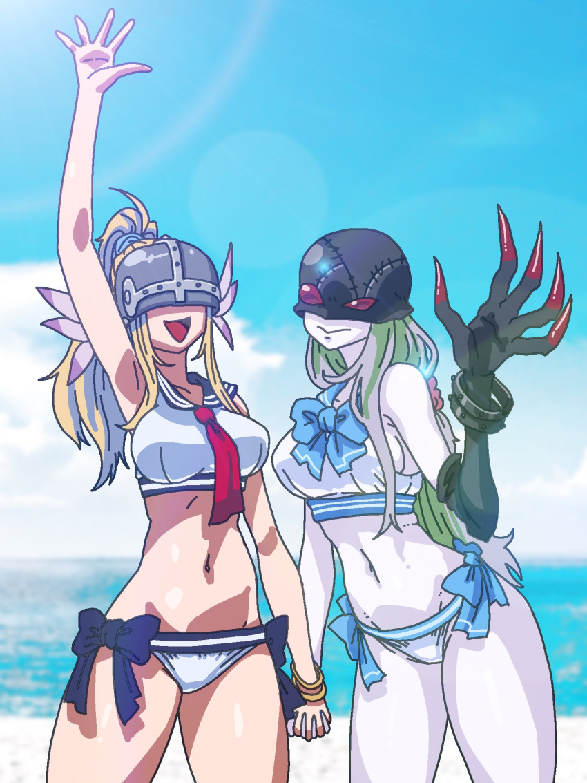 2girls :d alternate_costume alternate_hairstyle angewomon arm_up bare_shoulders beach bikini black_gloves black_headwear blue_bow blue_bowtie blue_sailor_collar blue_sky bow bowtie bracelet breasts claws cloud colored_skin covered_eyes cowboy_shot digimon digimon_(creature) elbow_gloves gerusyu gloves grey_headwear groin hair_up helmet helmet_over_eyes highres holding_hands interlocked_fingers jewelry ladydevimon large_breasts legs_apart lens_flare multiple_girls navel necktie ocean open_mouth ponytail red_eyes red_necktie sailor_collar sideboob single_elbow_glove sky smile standing stitches swimsuit uneven_eyes water white_bikini white_skin winged_helmet