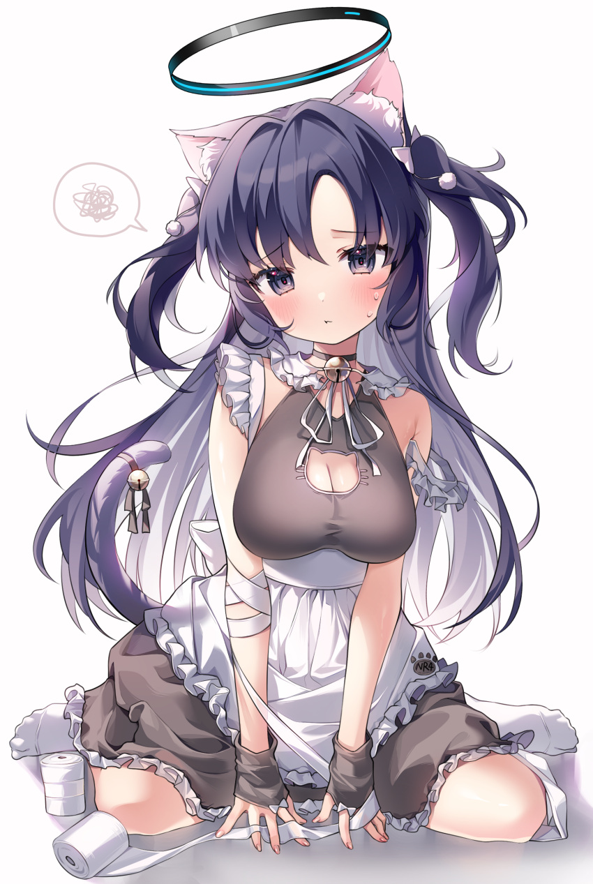 1girl absurdres alternate_costume animal_ear_fluff animal_ears apron bell black_dress blue_archive blush breasts cat_ears cat_tail cleavage closed_mouth dress fingernails frilled_apron frills halo highres jingle_bell large_breasts long_hair looking_at_viewer mechanical_halo nyaruin purple_eyes purple_hair simple_background solo spoken_squiggle squiggle tail two_side_up waist_apron white_apron white_background yuuka_(blue_archive)